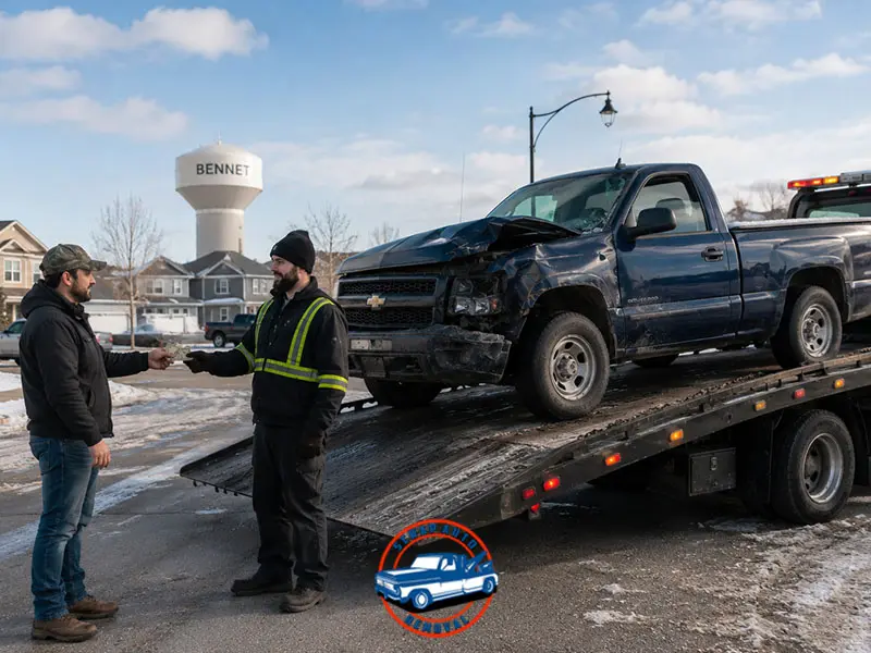 Man handing cash to a tow truck driver with a damaged Chevrolet pickup on the flatbed, near a Bennet water tower.