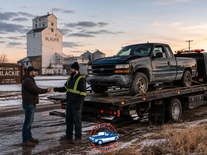 Man handing cash to a tow truck driver with a damaged Ford pickup, near a Welcome to Blackie sign and grain elevator.