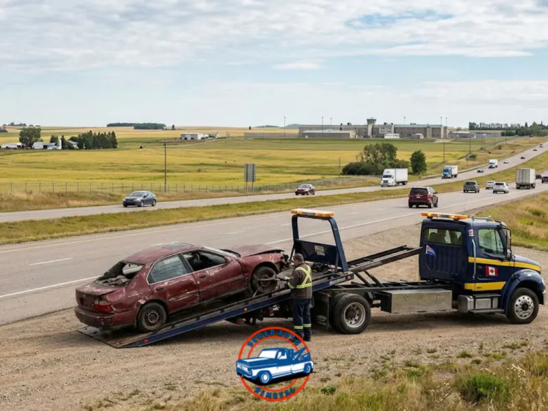 A man trying to tow a scrap car behind his truck in bowden