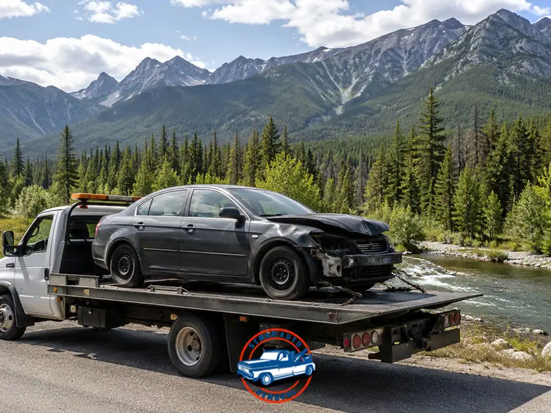 1. Damaged sedan on flatbed tow truck beside a rushing river, framed by pine trees and rugged, snow-capped mountains.