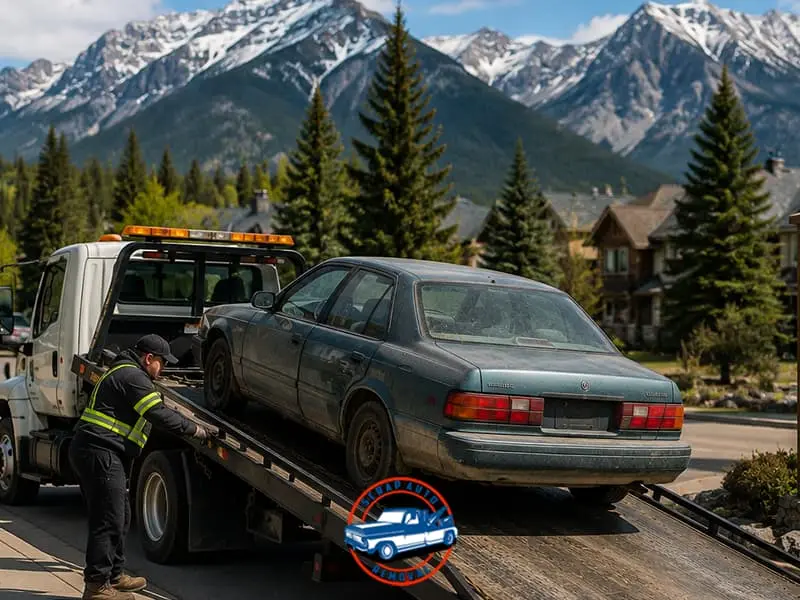 Tow truck driver securing a used car onto a flatbed truck with scenic snow-capped mountains and pine trees in background.