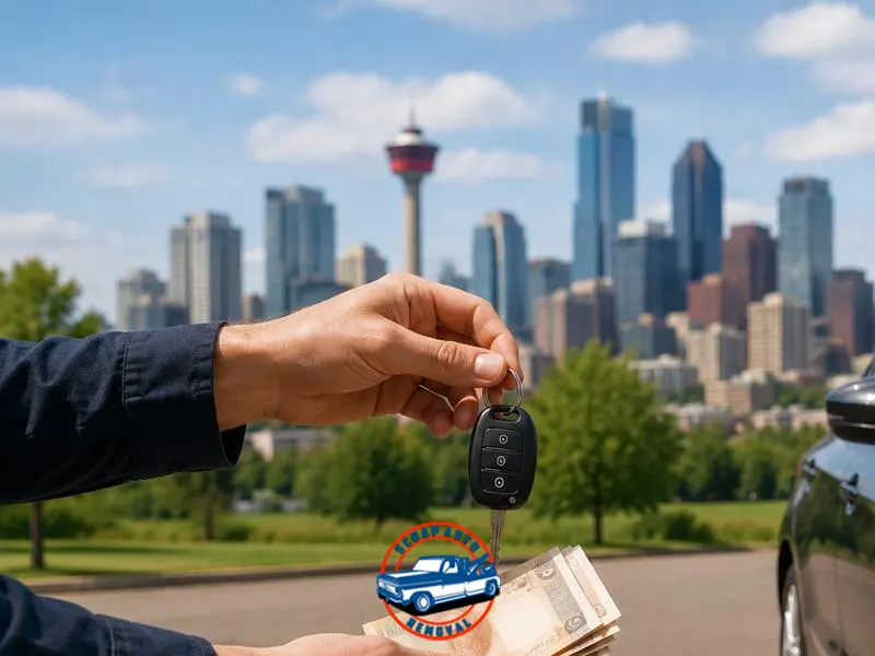 Selling a used car in Calgary, with a person handing over car keys in exchange for cash beside a black car with the Calgary skyline in the background.