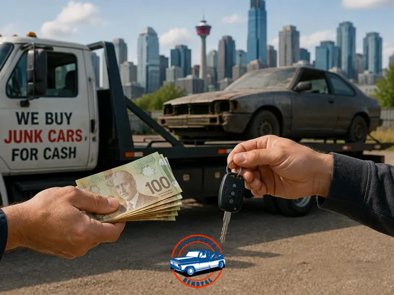Two people exchanging cash and car keys in front of a tow truck with 'We Buy Junk Cars For Cash' written on the door, loaded with an old rusted car, with the Calgary skyline in the background and a Crowd Chief Removal logo.