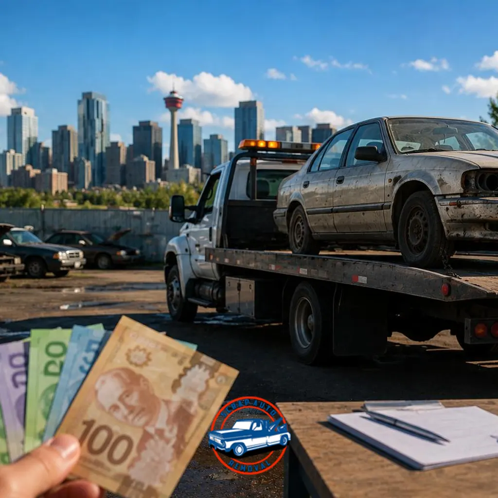 Hand holding Canadian cash bills in front of a flatbed tow truck loaded with an old scrap car, a junkyard with more old vehicles nearby, a paperwork clipboard on a table, the Calgary skyline in the background, and a Crowd Chief Removal logo.